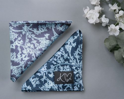 Both Indigo and Ice Signature Silk Pocket Squares handmade by Kristen Loveday